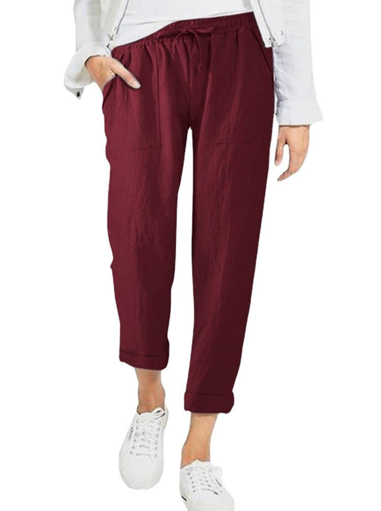 Damen entspannte Leinenhose mit elastischem Bund und praktischen Taschen Amawinc