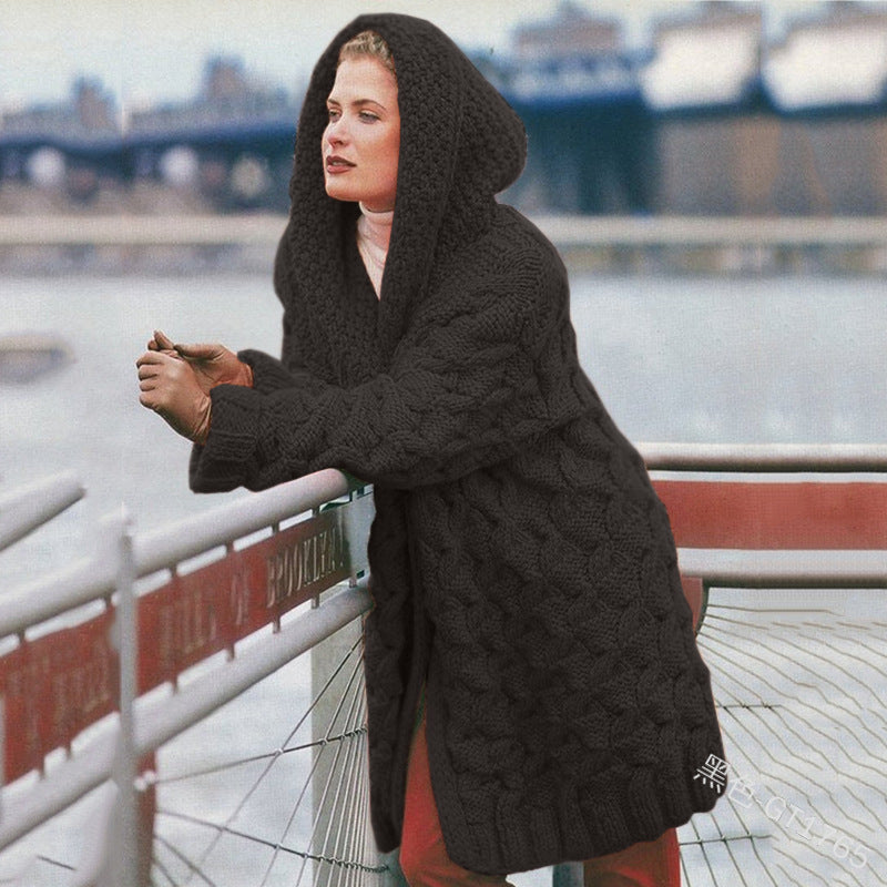 Damen oversized Grobstrickmantel mit Kapuze Amawinc