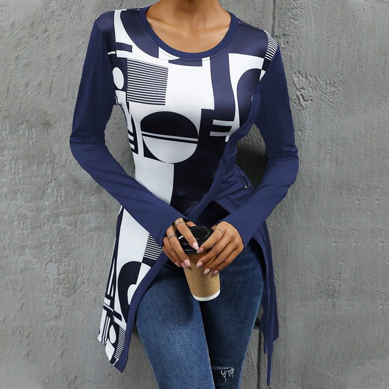 Damen Langarmshirt mit grafischem Muster und asymmetrischem Saum Amawinc