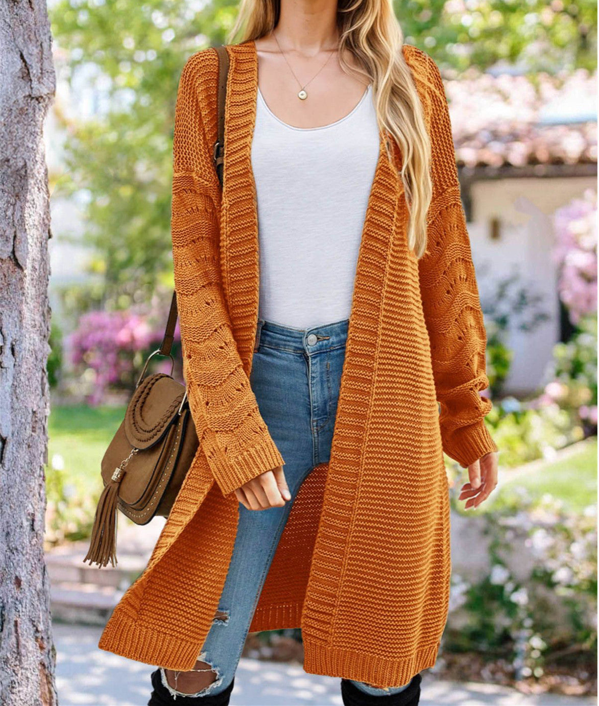 Damen Langer Strickcardigan mit luftiger Maschenstruktur und offener Front Amawinc