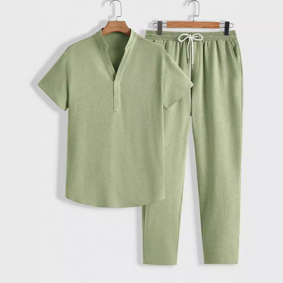 Amawinc Ensemble Deux Pièces Pour Homme Haut Manches Courtes Col En V Pantalon Cordon Coupe Décontractée Tenue Lounge