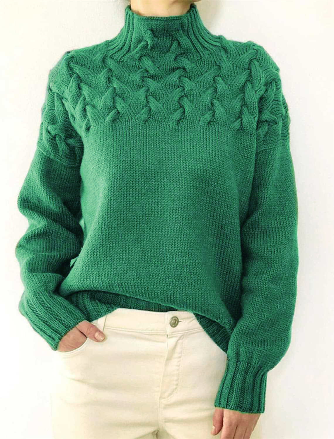 Damen Grobstrickpullover mit Stehkragen und Zopfmuster Amawinc