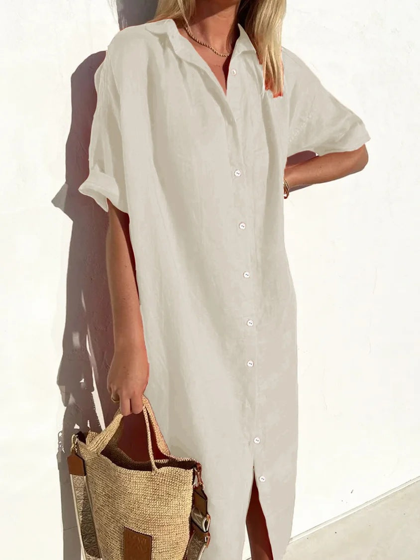 Robe Chemise Femme En Mélange Coton Lin Coupe Décontractée Manches Courtes Boutonnage