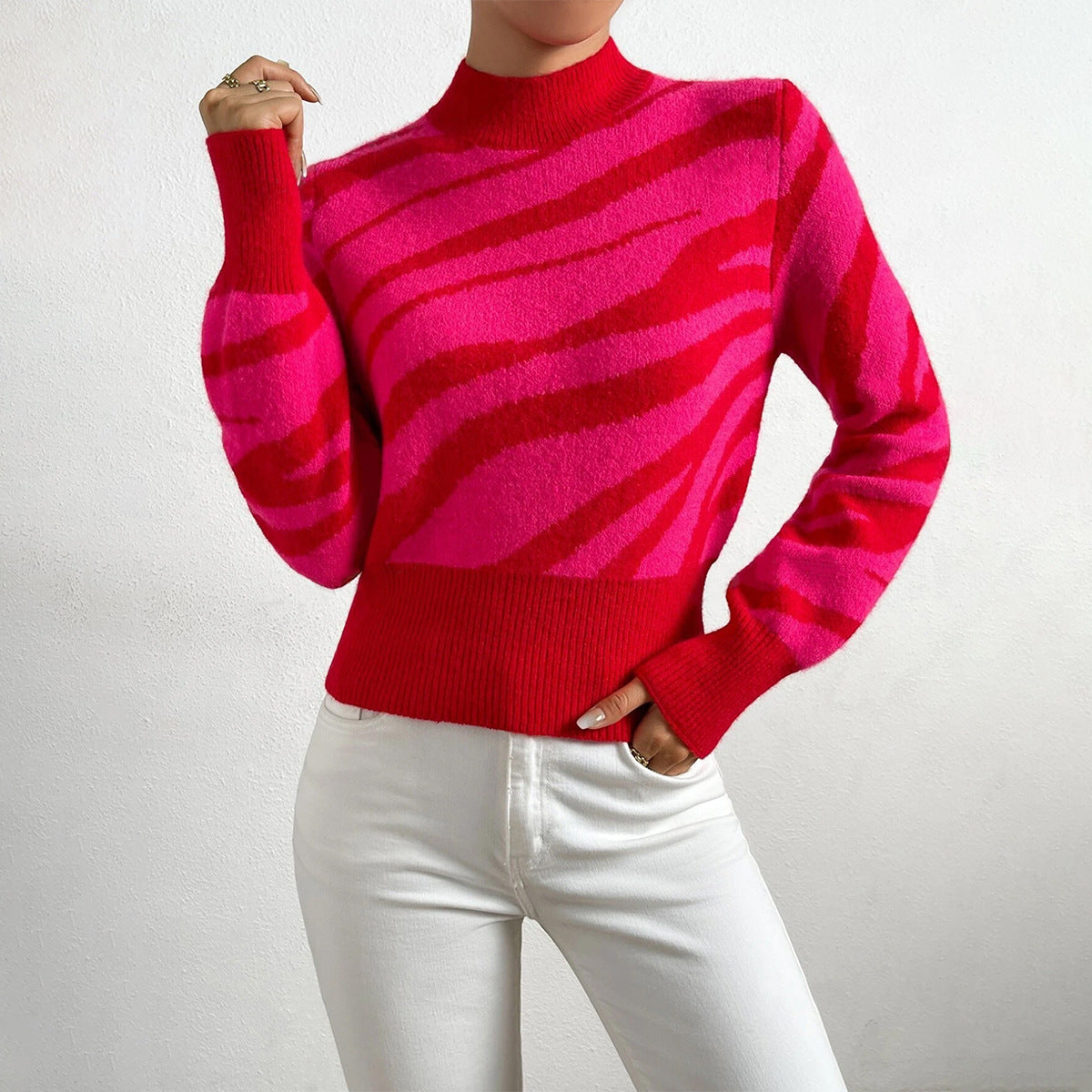 Pull Femme Maille Coupe Regular Col Semi Haut Motif Zèbre Imprimé Bords Côtés Pour Hiver Confortable