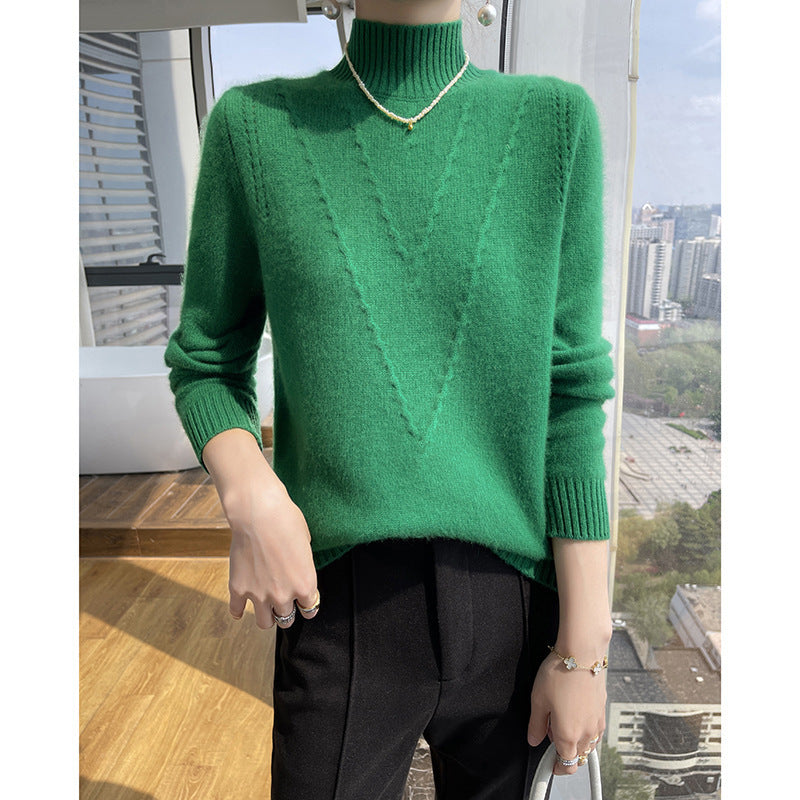 Damen weicher Strickpullover mit hohen Kragen und V-Design Amawinc