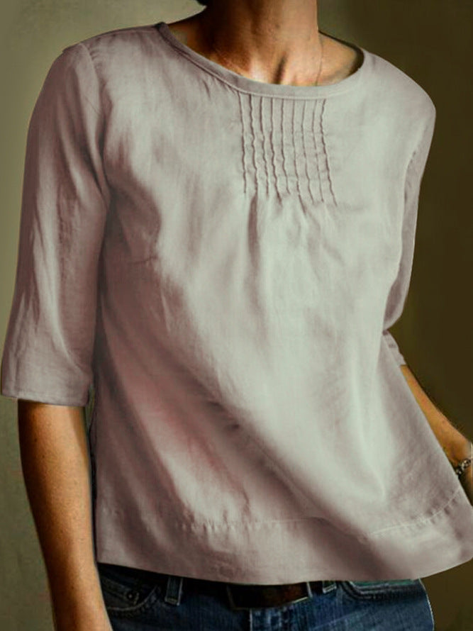 Blouse Femme En Mélange Coton Lin Coupe Ample Manches Trois Quarts Plis Devant Élégante