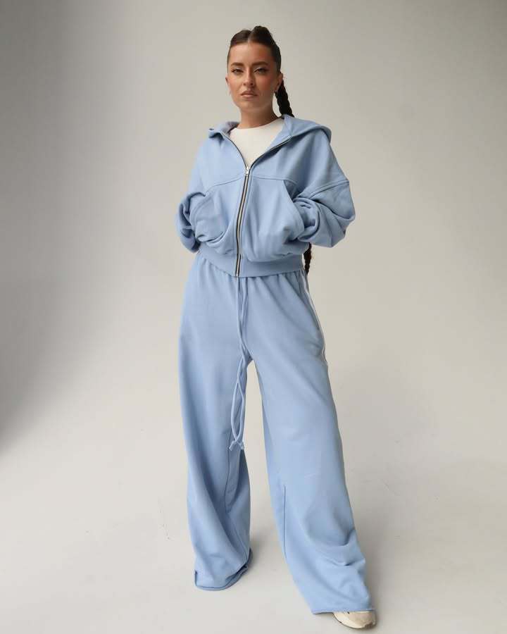 Damen Trendiges Sport-Lounge-Set mit cropped Sweatjacke und weit geschnittenen Jogginghosen Amawinc