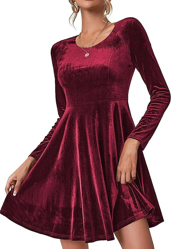 Damen Elegantes Samtkleid mit geschwungenem Saum und langen Ärmeln Amawinc