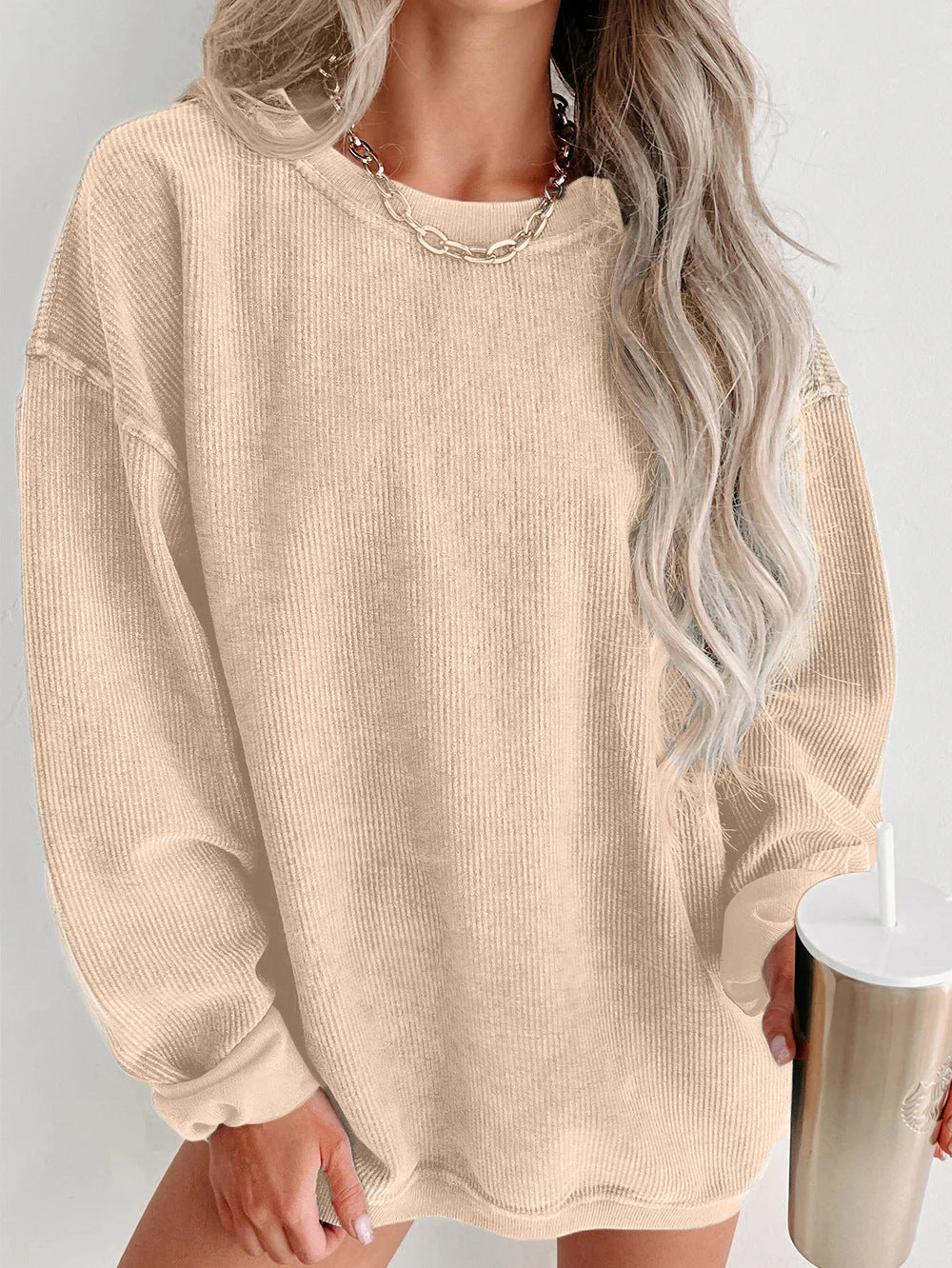 Damen lässiger Sweatshirt mit feiner Rippstruktur und komfortablem Schnitt Amawinc