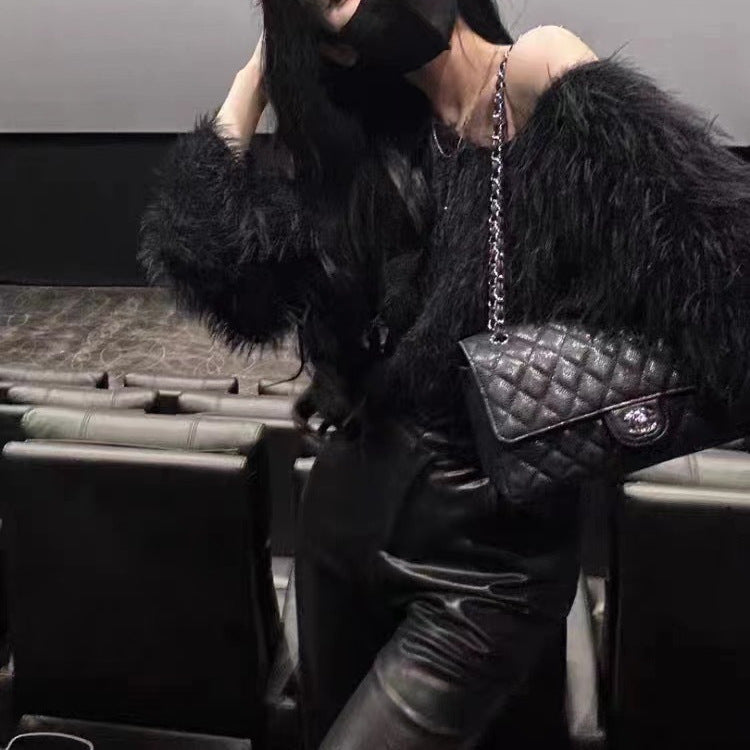 Damen Flauschiger Off-Shoulder-Pullover mit langen Ärmeln Amawinc