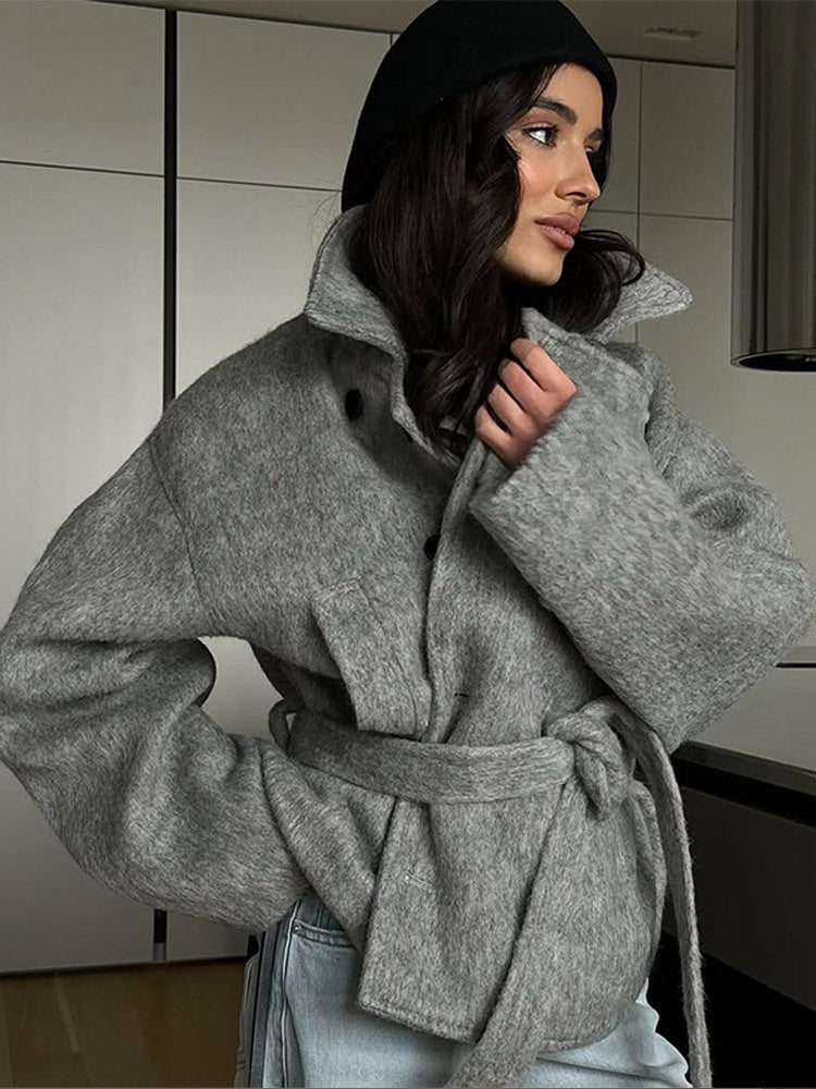 Damen elegante Oversized-Wolljacke mit Gürtel Amawinc