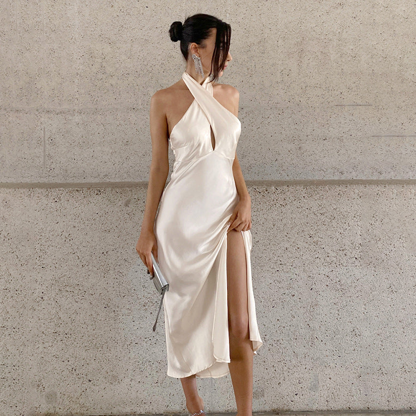 Robe De Soirée Satinée Amawinc Coupe Sirène Slim À Col Halter Avec Décolleté En Forme De Clé