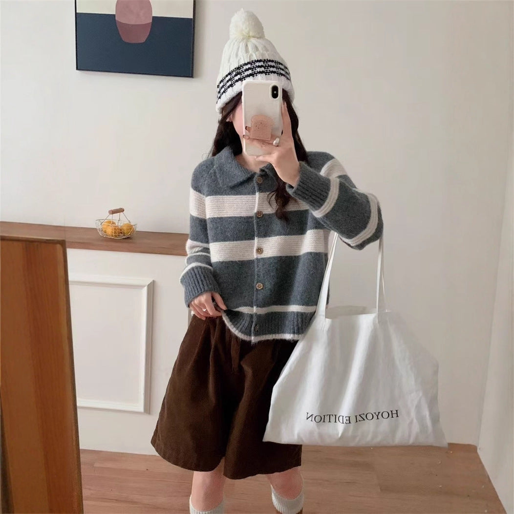 Damen Strickjacke mit charakteristischem Kragen und modischen Blockstreifen Amawinc