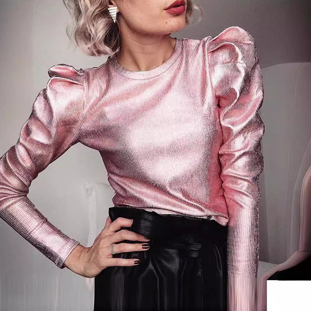 Damen funkelndes Oberteil mit voluminösen Ärmeln Amawinc