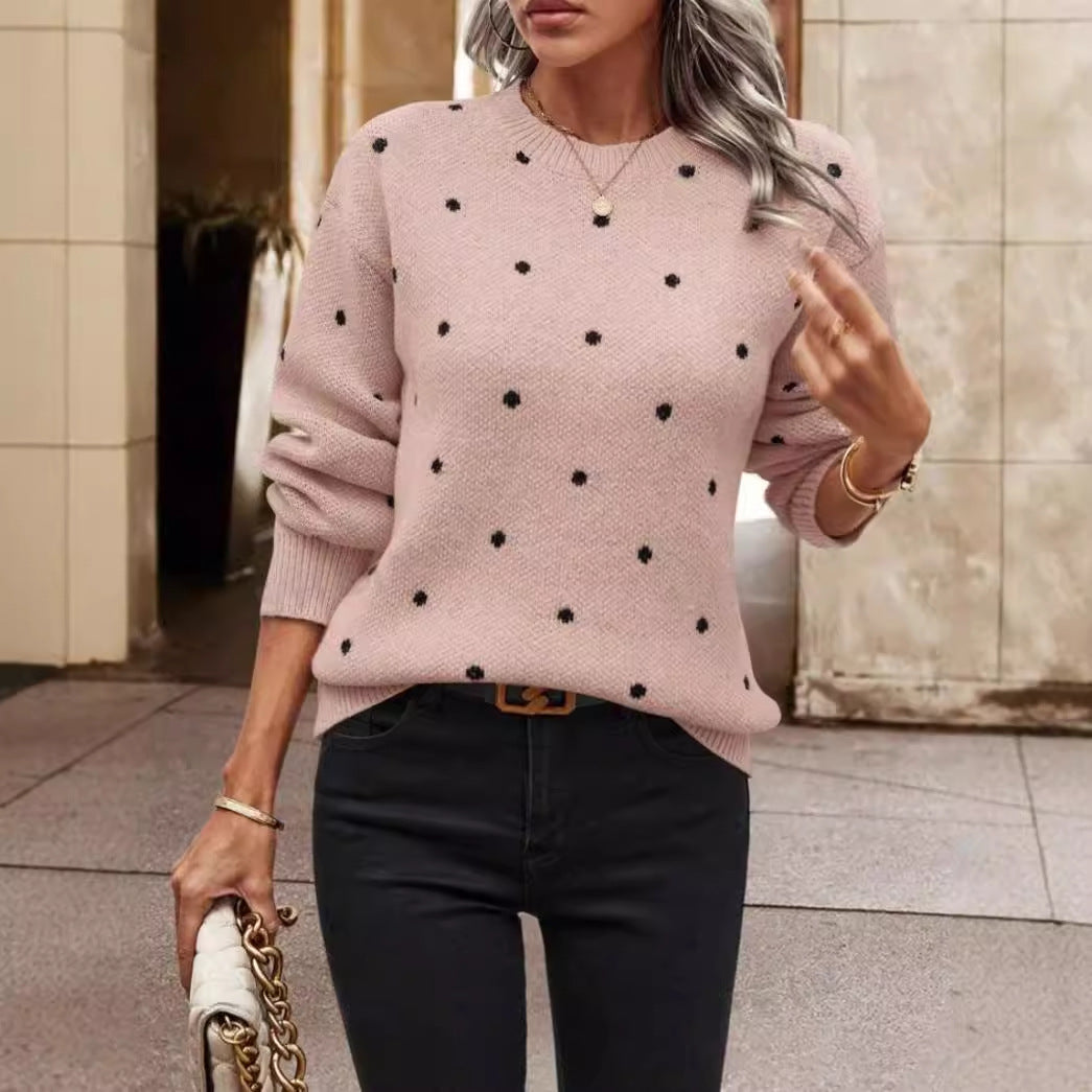 Amawinc Pull En Maille Femme Coupe Décontractée Motif Pois Col Rond Manches Longues Élégance Quotidienne