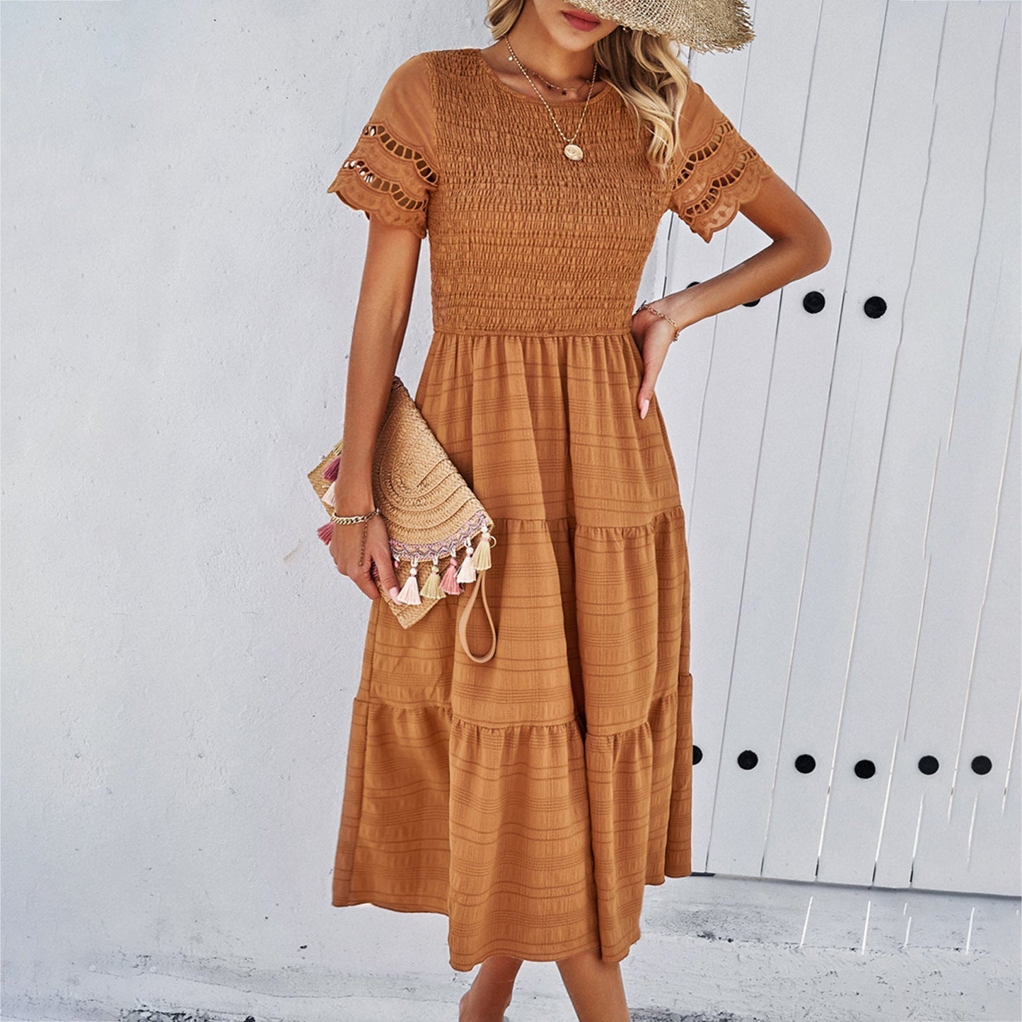 Robe Midi Femme Buste Smocké Manches Courtes Découpées Jupe En Couches Coupe Ample Amawinc