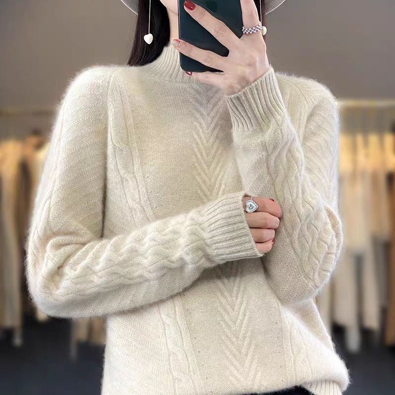 Damen Grobstrickpullover mit Zopfmuster und elegantem Rundhalsausschnitt Amawinc