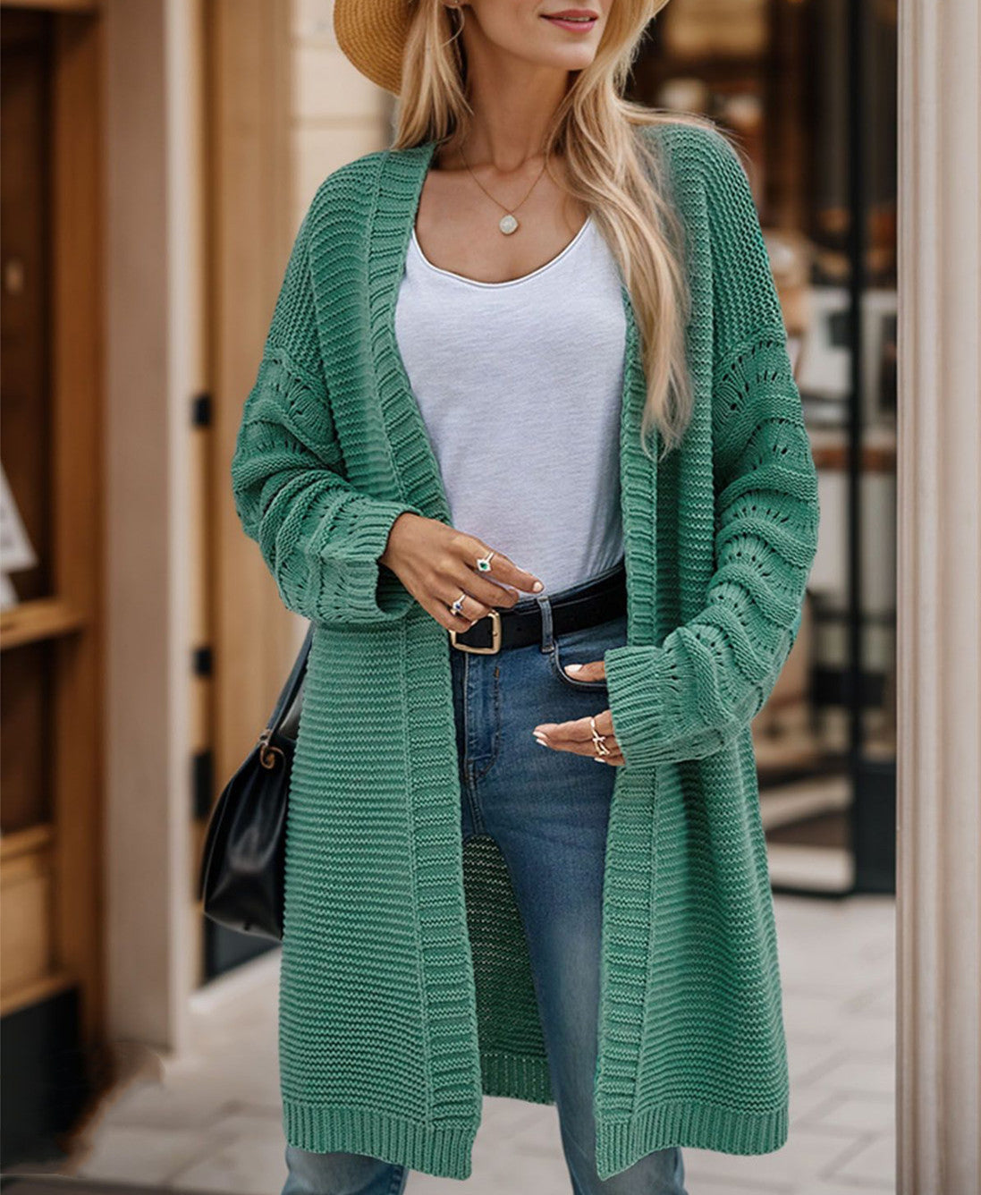 Damen Langer Strickcardigan mit luftiger Maschenstruktur und offener Front Amawinc