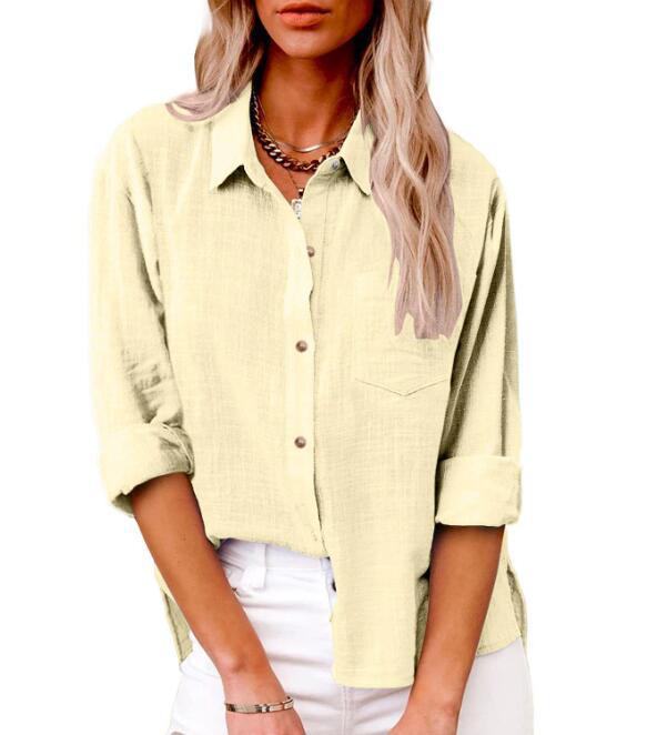 Damen lässige Leinenbluse mit kurzem Arm und Knopfdetails Amawinc