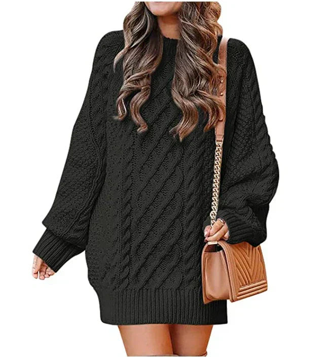 Robe Pull Femme En Mélange De Laine Tricot Cable Coupe Oversize Mi Longue Manches Longues