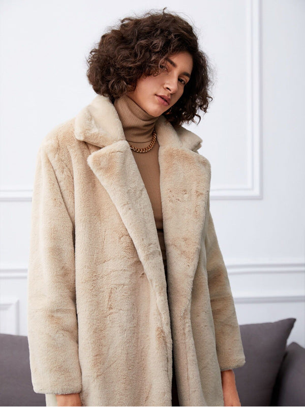 Damen Langer Kunstpelzmantel mit elegantem Reverskragen und praktischen Taschen Amawinc