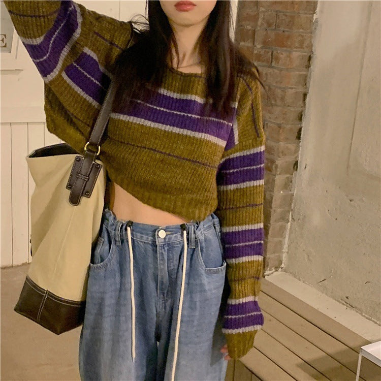 Damen kurz geschnittener Strickpullover mit horizontalem Streifenmuster Amawinc - Amawinc