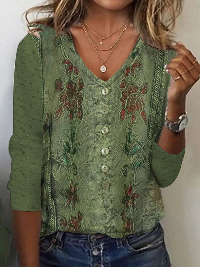 Damen V-Ausschnitt Bluse mit floralen Details und Knopfverschluss Amawinc