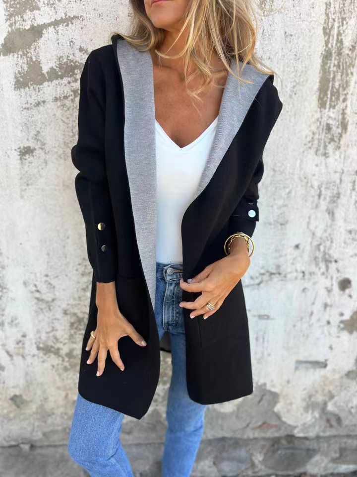 Cardigan À Capuche Pour Femme En Maille Douce Longue Décontracté Avec Bordure Contrastée Et Poignets Boutonnés