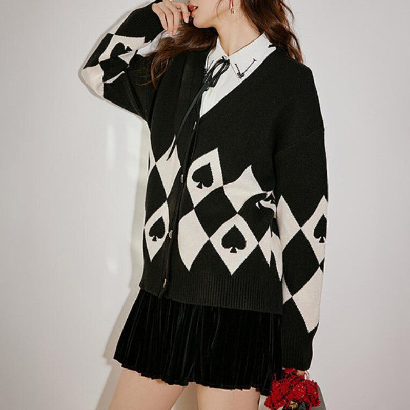 Damen Strickjacke mit Herzknöpfen und Rautenmuster Amawinc