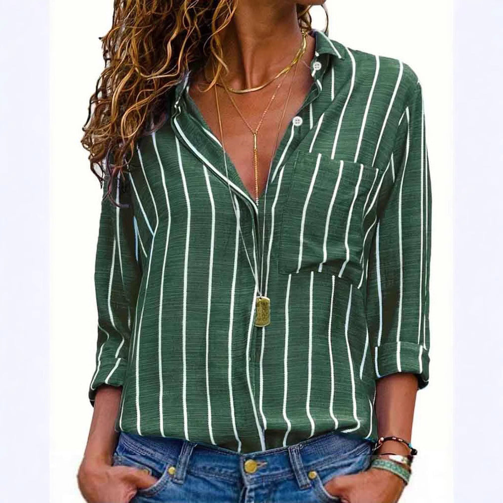 Damen lässige Hemdbluse mit vertikalen Streifen und Brusttasche Amawinc
