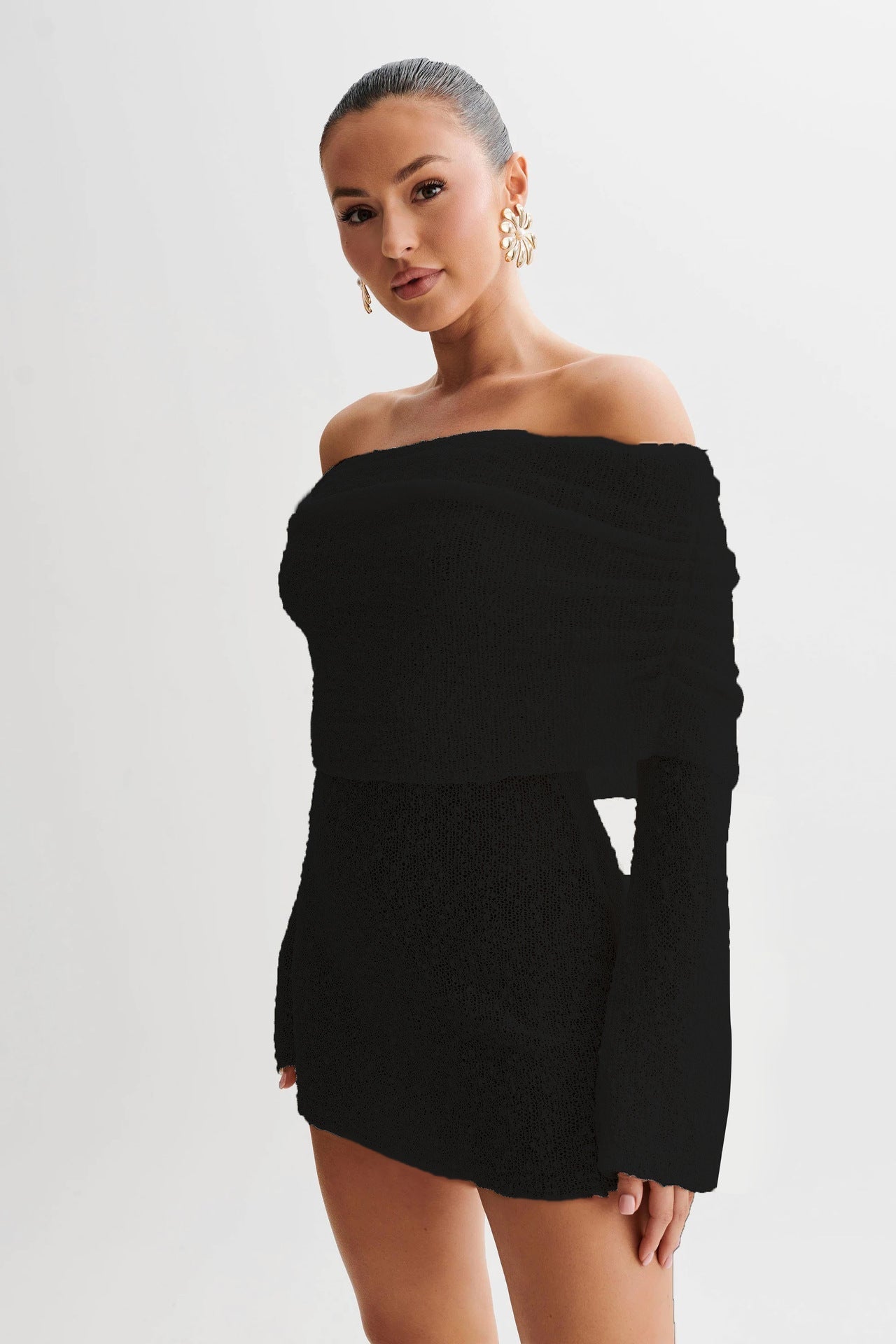 Robe de Plage Femme Épaules Dévoilées Maille Légère Coupe Slim Semi Transparent Manches Longues