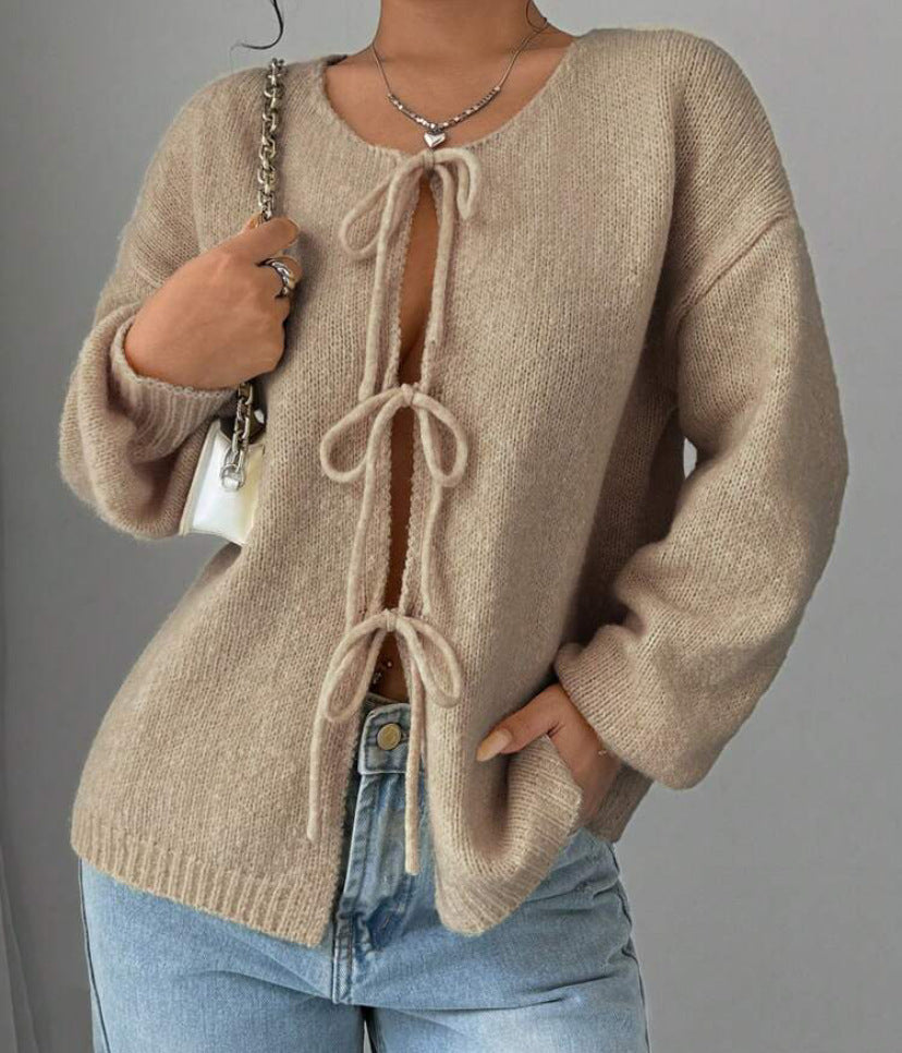 Damen Oversized Strickpullover mit dekorativem Schnürdetail Amawinc