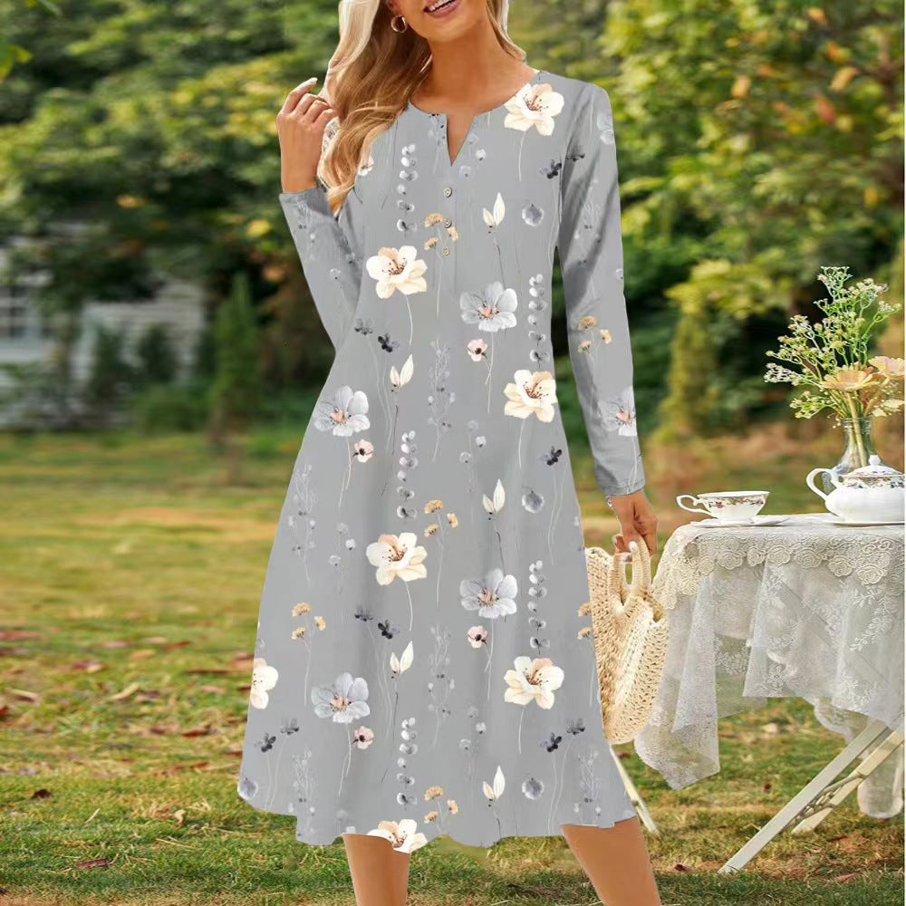 Elegantes Damenkleid von Fudus mit Gürtel, Blumenmuster, V-Ausschnitt und langen Ärmeln