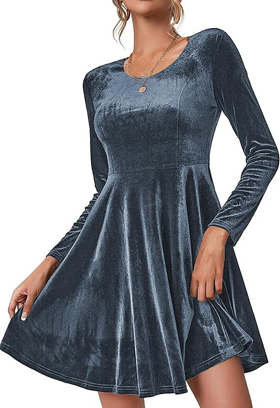 Damen Elegantes Samtkleid mit geschwungenem Saum und langen Ärmeln Amawinc