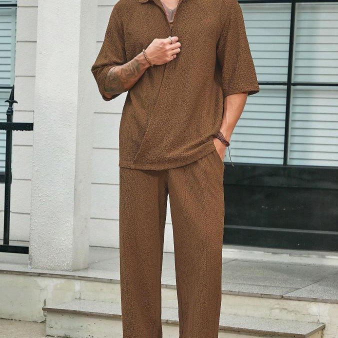 Amawinc Ensemble Homme Deux Pieces en Coton Léger Chemise à Manches Courtes Pantalon Confort Décontracté