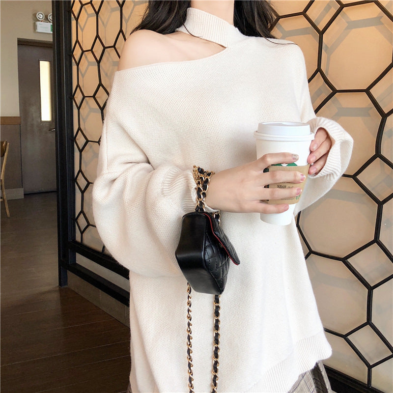 Damen modischer Oversized-Pullover mit schulterfreier Schnittführung und Rollkragen Amawinc