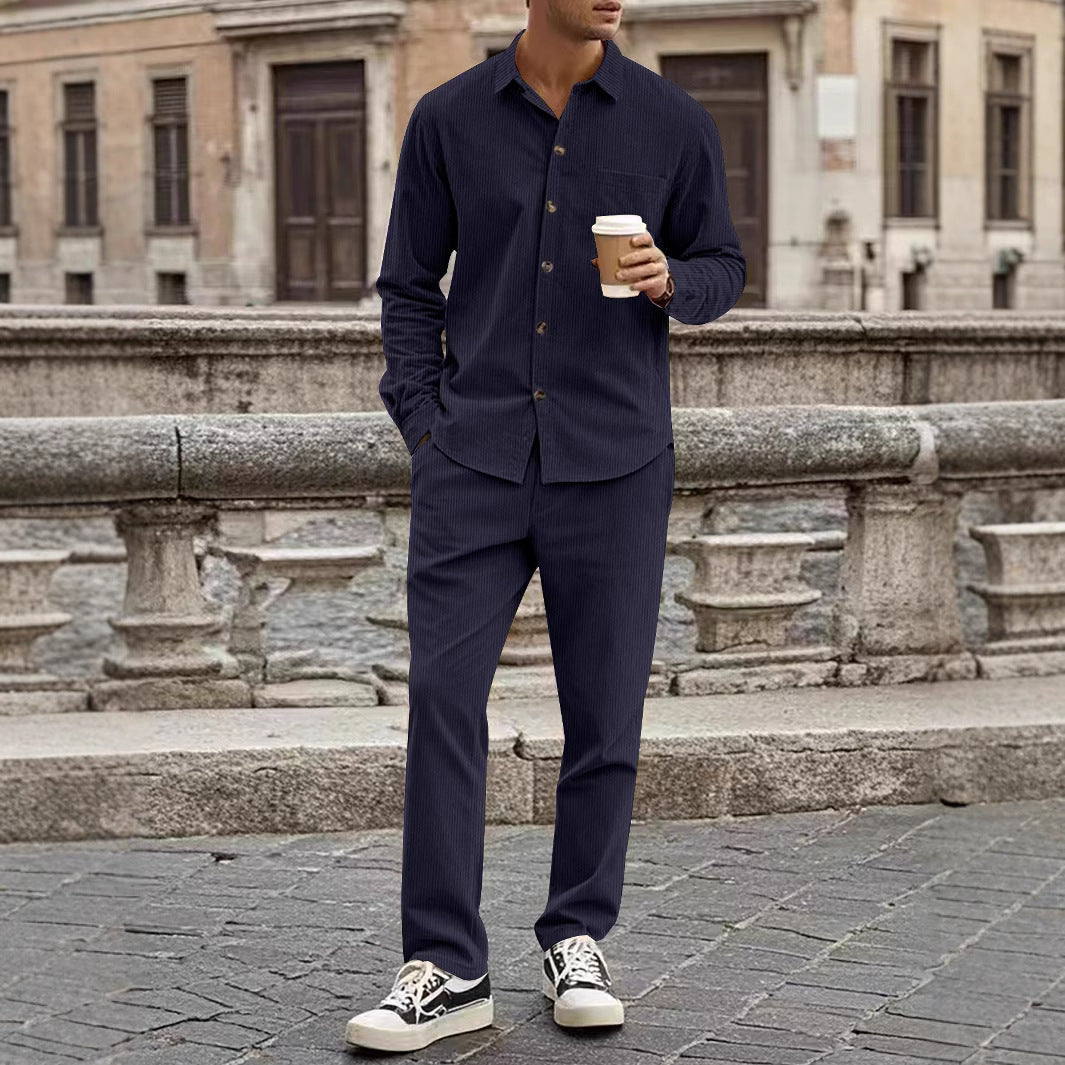 Ensemble Chemise Et Pantalon Homme En Velours Côtelé Décontracté Fermeture Boutons Style Nordique Casual