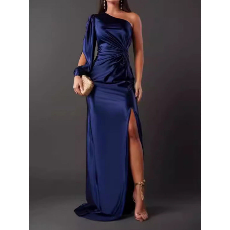 Robe À Une Épaule Pour Femme Maxi En Satin Élégante Coupe Slim Avec Fente Haute Pour Soirée