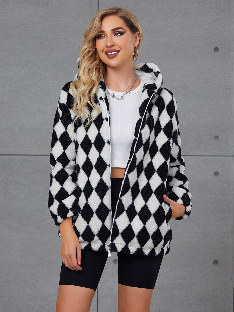 Damen Flauschige Jacke mit Karomuster und Kapuze Amawinc
