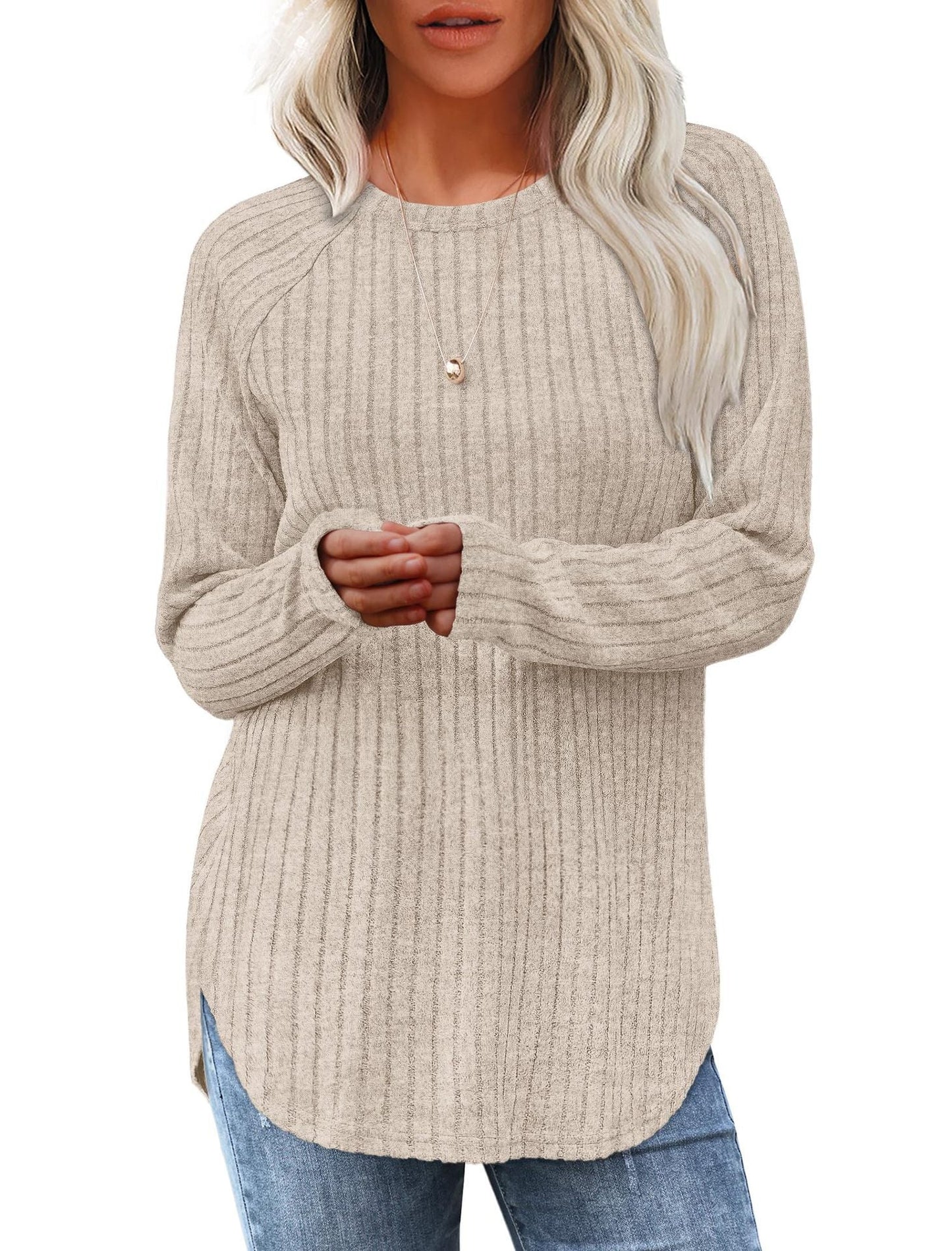 Damen weicher und lässiger Strickpullover mit Rippenmuster Amawinc