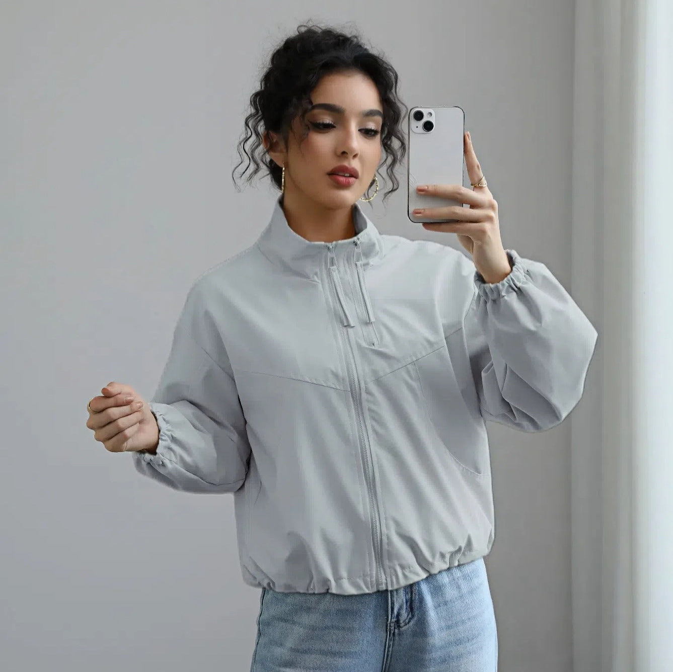 Damen modische Übergangsjacke mit hohem Kragen und elastischem Bund Amawinc