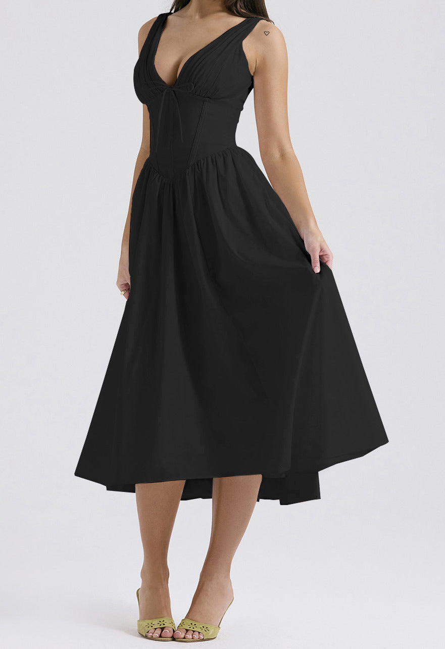 Amawinc Robe Femme Aline Sans Manches Décolleté En V Imprimé Floral Longueur Midi Chic Et Confortable Été