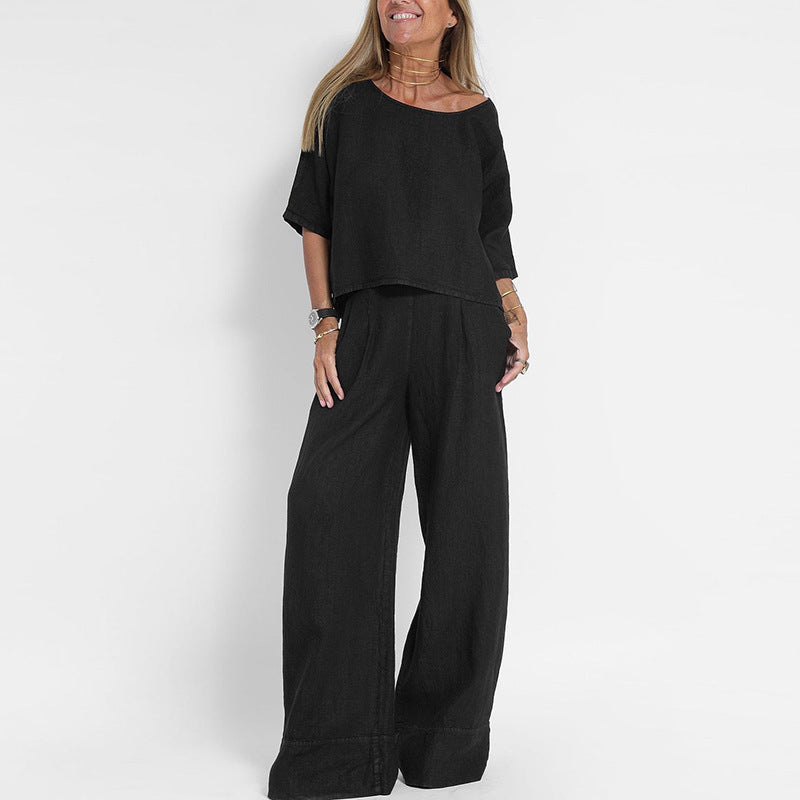 Ensemble Femme Lin Mélange Coupe Décontractée Haut Manches Courtes Pantalon Large