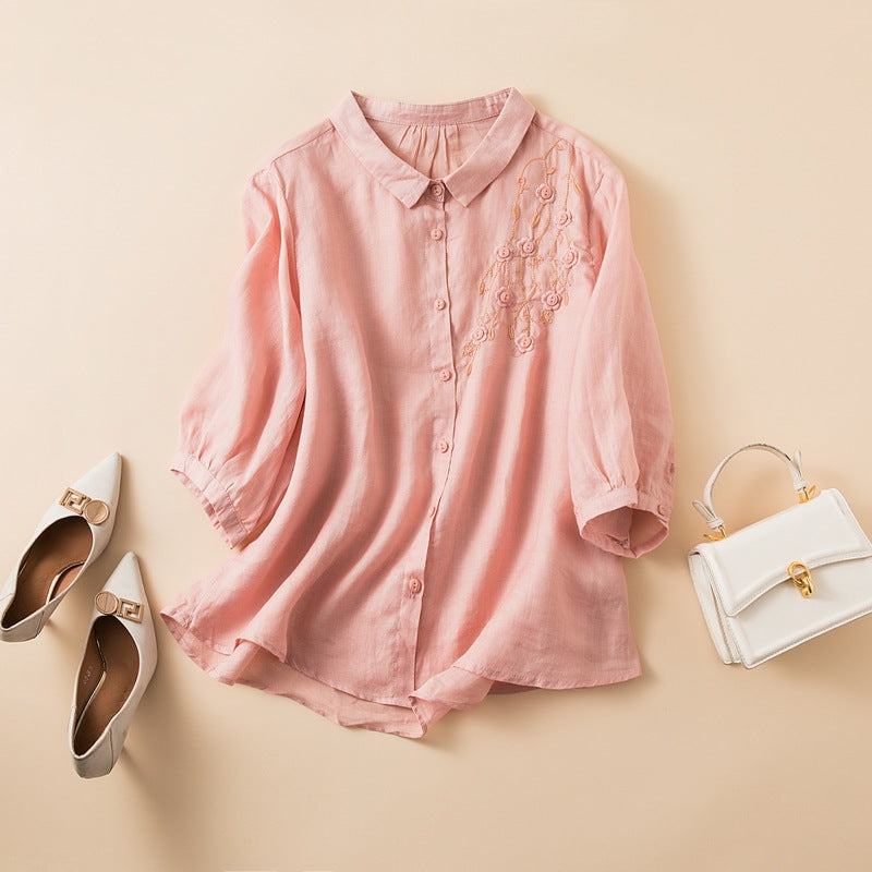 Chemise Femme En Fibres Naturelles Coupe Décontractée Avec Broderie Sur La Poitrine Manches Mi Longues