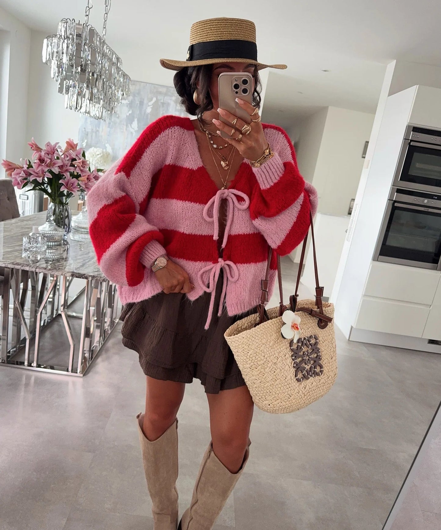 Damen lockere Strickjacke mit breiten Streifen und Bindegürtel Amawinc