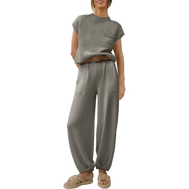 Ensemble En Maille Pour Femme Haut Court Avec Poche Poitrine Pantalon Large Taille Haute Confort Doux