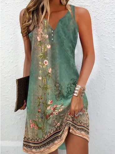 Robe Femme Décolleté en V Sans Manches Motif Floral Ourlet Asymétrique Mélange Coton
