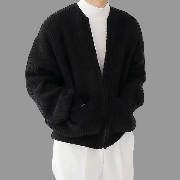 Cardigan Homme En Coton Mélangé Col Mao Oversize Zip Complet Pour Superposition Quotidienne