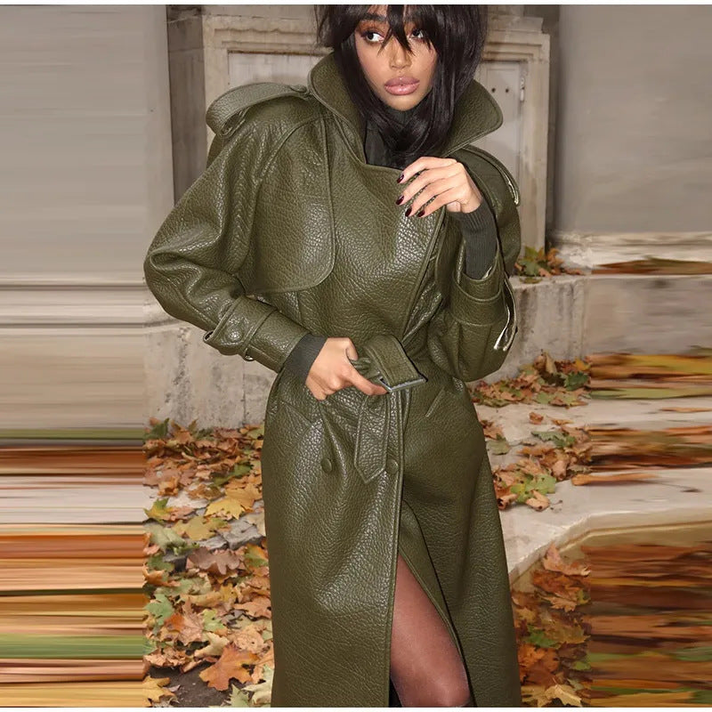 Damen Oversized Kunstleder-Trenchcoat mit hohem Kragen und abnehmbaren Gürtel Amawinc