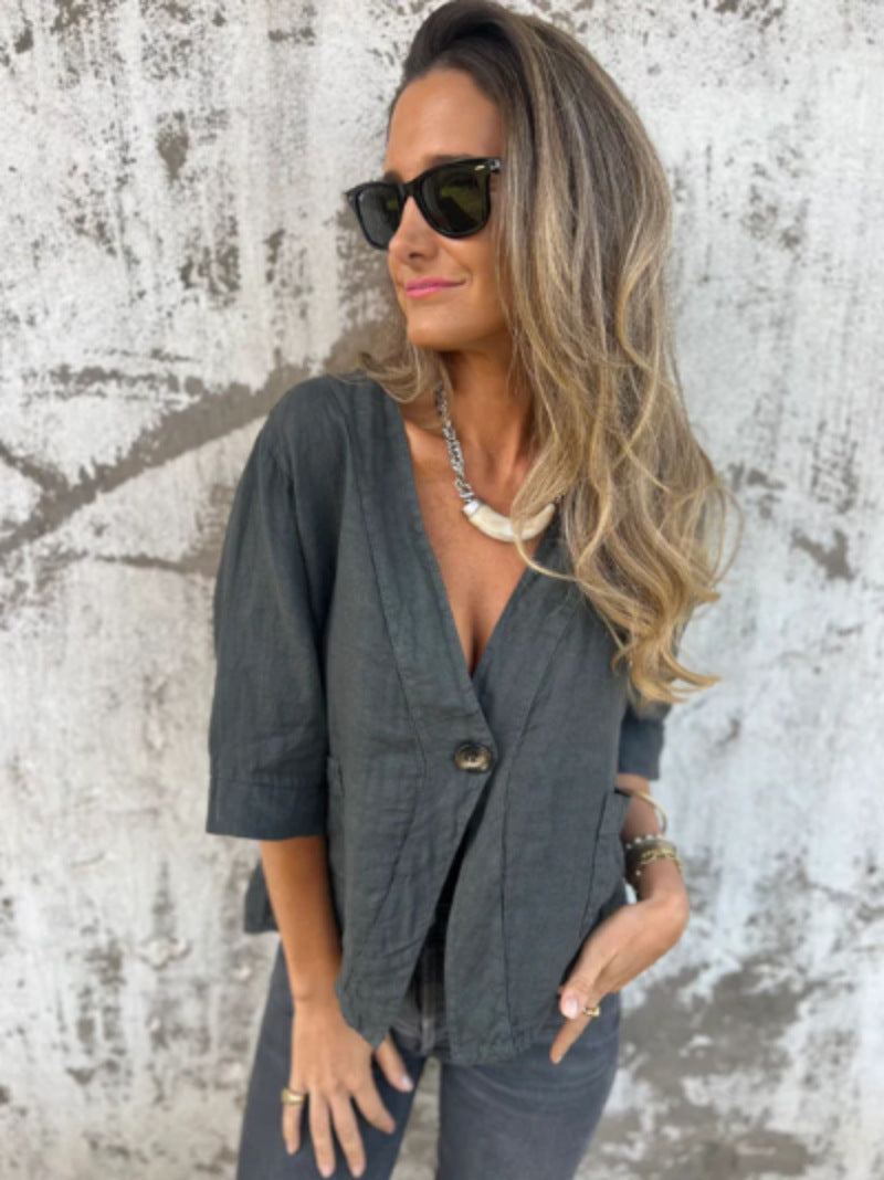 Damen Leichtes Leinenblazer mit kurzer Arm Amawinc